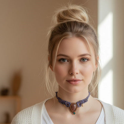 Collar/Choker Violeta con Gota de Piedra del Sol y Detalles en Acero Inoxidable Dorado - My Cuqui Shop #