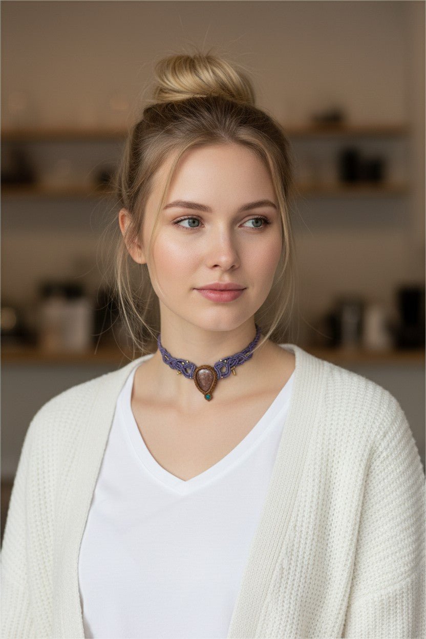 Collar/Choker Violeta con Gota de Piedra del Sol y Detalles en Acero Inoxidable Dorado - My Cuqui Shop #