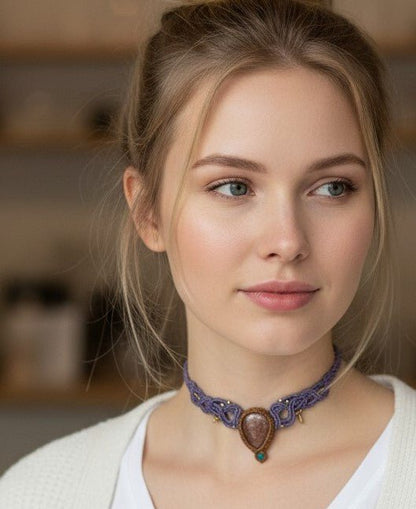 Collar/Choker Violeta con Gota de Piedra del Sol y Detalles en Acero Inoxidable Dorado - My Cuqui Shop #