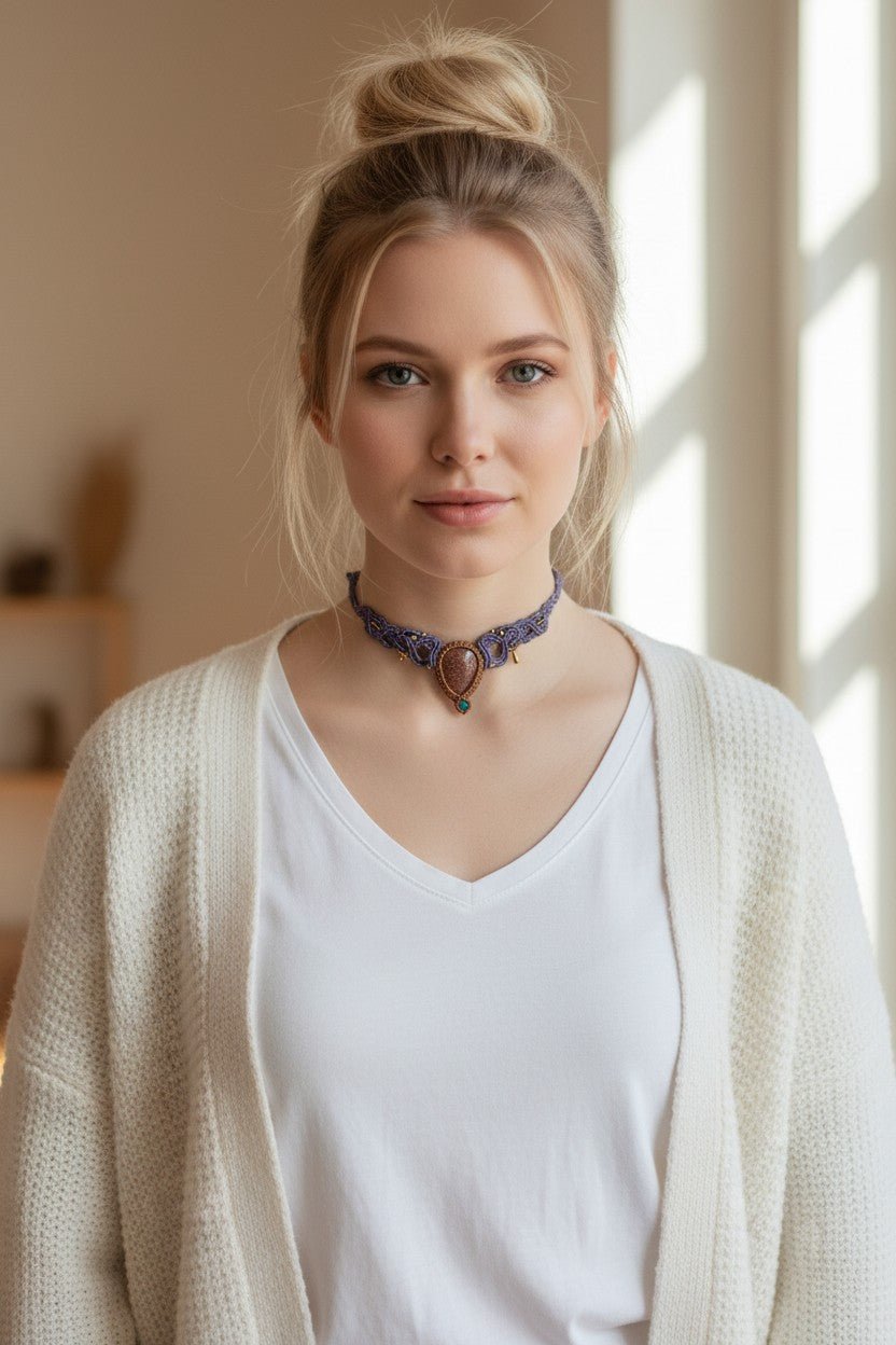 Collar/Choker Violeta con Gota de Piedra del Sol y Detalles en Acero Inoxidable Dorado - My Cuqui Shop #