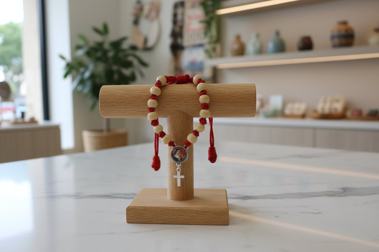 Decenario Cuquis Santa Rita de Casia | Pulsera de Madera y Cordón Rojo - My Cuqui Shop