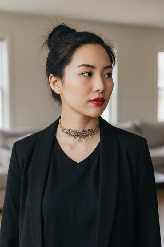 Pieza Única "Estrella Guardiana": Choker de Micromacramé con Amatista y Dijes - My Cuqui Shop #