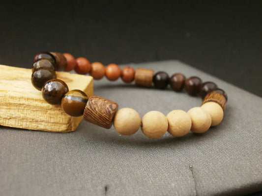 Pulsera de Éxito Orgánico: Ojo de Tigre Dual y Madera Sagrada para el Líder con Visión de Futuro - My Cuqui